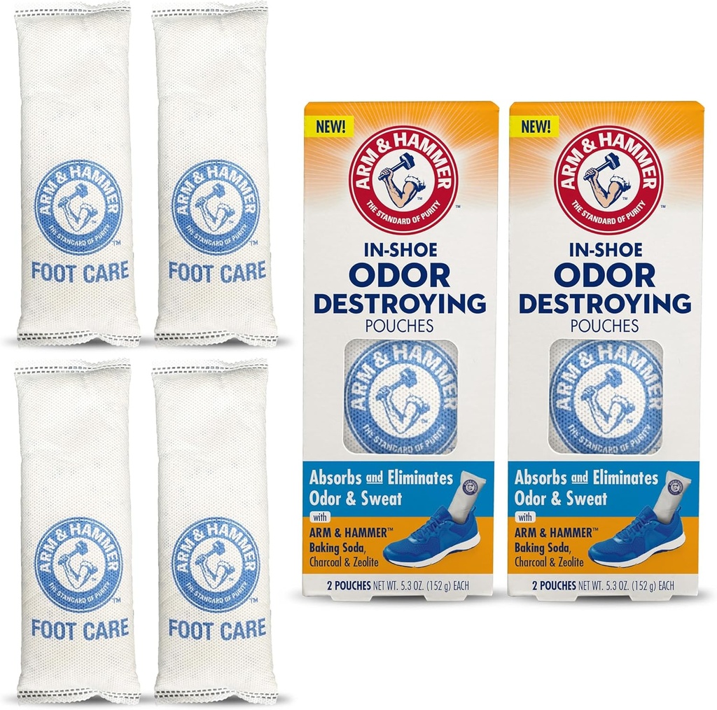 Arm & Hammer In-Shoe Odor Destroying Pouches, Shoe Deodorizer Insert for Reducing Odor and Absorbing Moisture, Smell Eliminator for All Footwear, Gym Bags and Work Boots (4 Pouches)