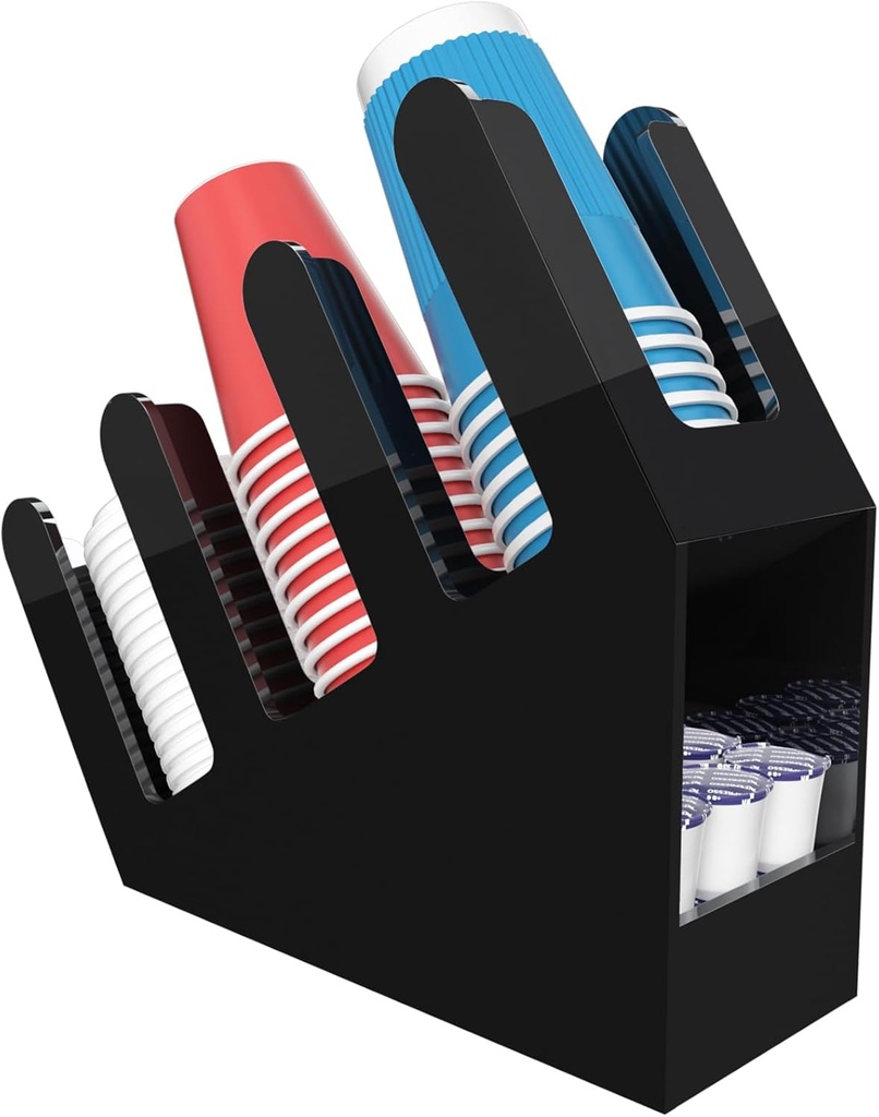 WINFFOR 3-Compartment Disposable Cup Holder - Cup and Lid Holder with Straw Organizer Black Acrylic Cup Dispenser with Coffee Pod Storage for Coffee Station Bar Countertop Restaurant Breakroom