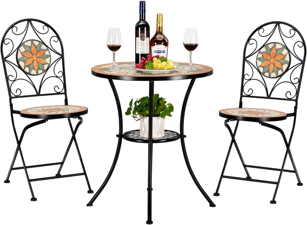 VINGLI 3 Pieces Garden Patio Mosaic Table, Outdoor Bistro Set with Folding Chairs,Black Iron Frame