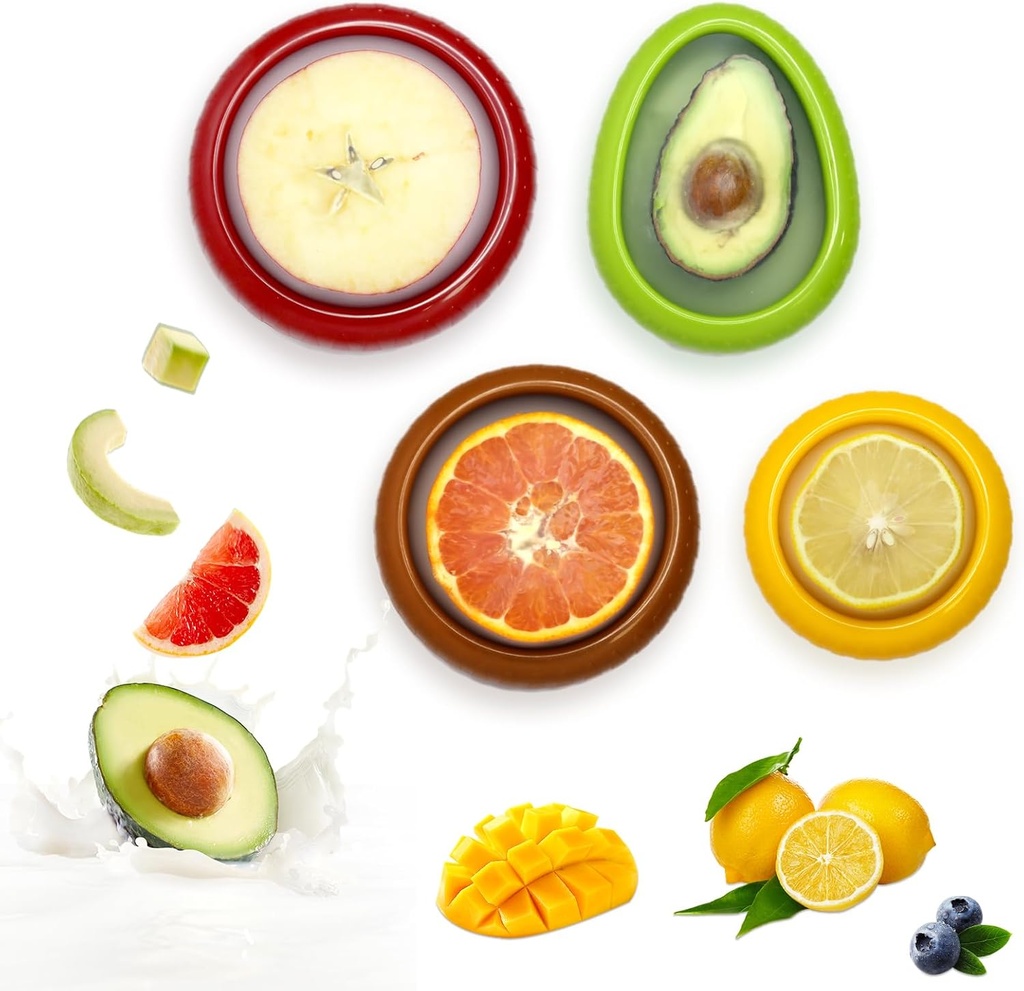 Avocado Saver and Onion Holder -Set of 4 Reusable Fruit and Veggie Savers for Fridge - BPA-Free, Prevent Flavor Mixing, Keep Fresh (Green, Brown, Red And Yellow)