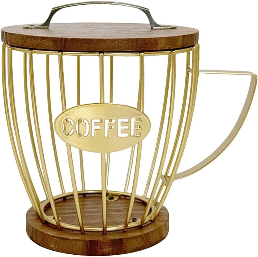 YWJLQH Coffee Pod Holder Container with Wooden Base Iron Coffee Capsule Holder Basket for Cafe Countertop Kitchen Bar Accessories , Gold with Lid