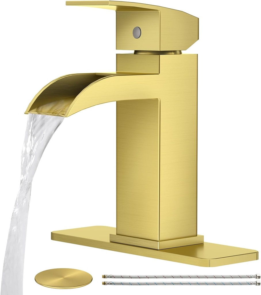 CREA Brushed Gold Waterfall Bathroom Faucet 1 Hole Single Handle Bathroom Sink Faucet with Pop Up Drain Stainless Steel Vanity Faucet Basin Mixer Tap Hot Cold Water Supply Line 3 Hole Deck Plate