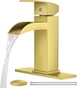 CREA Brushed Gold Waterfall Bathroom Faucet 1 Hole Single Handle Bathroom Sink Faucet with Pop Up Drain Stainless Steel Vanity Faucet Basin Mixer Tap Hot Cold Water Supply Line 3 Hole Deck Plate