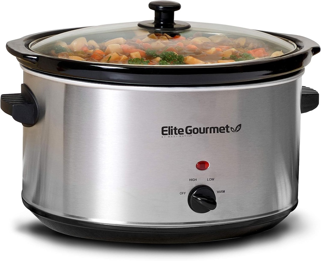 Elite Gourmet MST-900V# Electric Ceramic XL Jumbo Slow Cooker, Adjustable Temp, Entrees, Sauces, Stews & Dips, Dishwasher Safe Glass Lid & Crock (8.5 Quart, Stainless Steel)