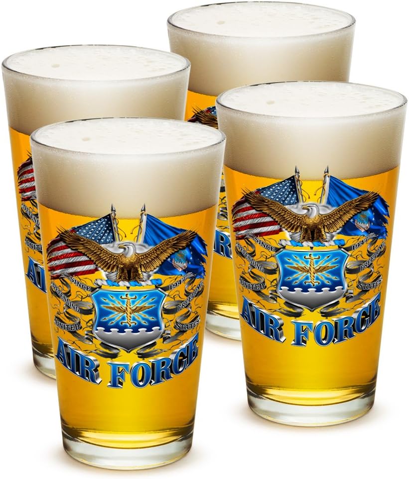 USAF Air Force United States Air Force - Double Flag Air Force Eagle - Classic Premium Beer Pint Glasses 16 Ounce - Set of 4 - Highball Cocktail Mixing Glass - Perfect for Cold Beverages - With Logo