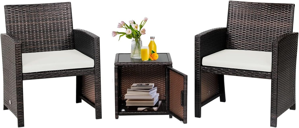 Tangkula 3 Pieces Outdoor Wicker Conversation Set with Waterproof Cover, 2 Patio PE Rattan Cushioned Chairs with Side Storage Table, Suitable for Front Porch, Balcony, Garden, Poolside (White)