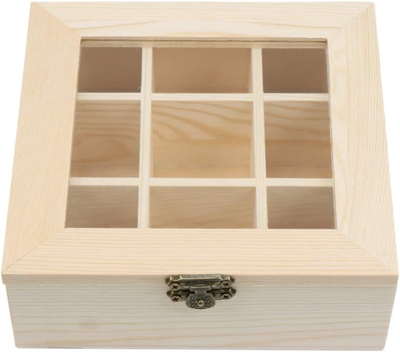 HEALLILY Wooden Tea Box Glasses Organizer Tea Bag Holder Storage Case Glass Window for Home Restaurant
