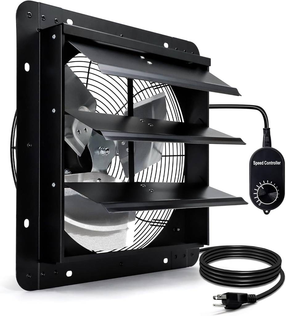 Hipoilk 14 Inch Shutter Exhaust Fan for Greenhouse, Shed, Garage, Barn, Chicken Coop Ventilation, 1088 CFM High Power Wall Mount Attic Fan with Speed Controller and Power Cord, Black