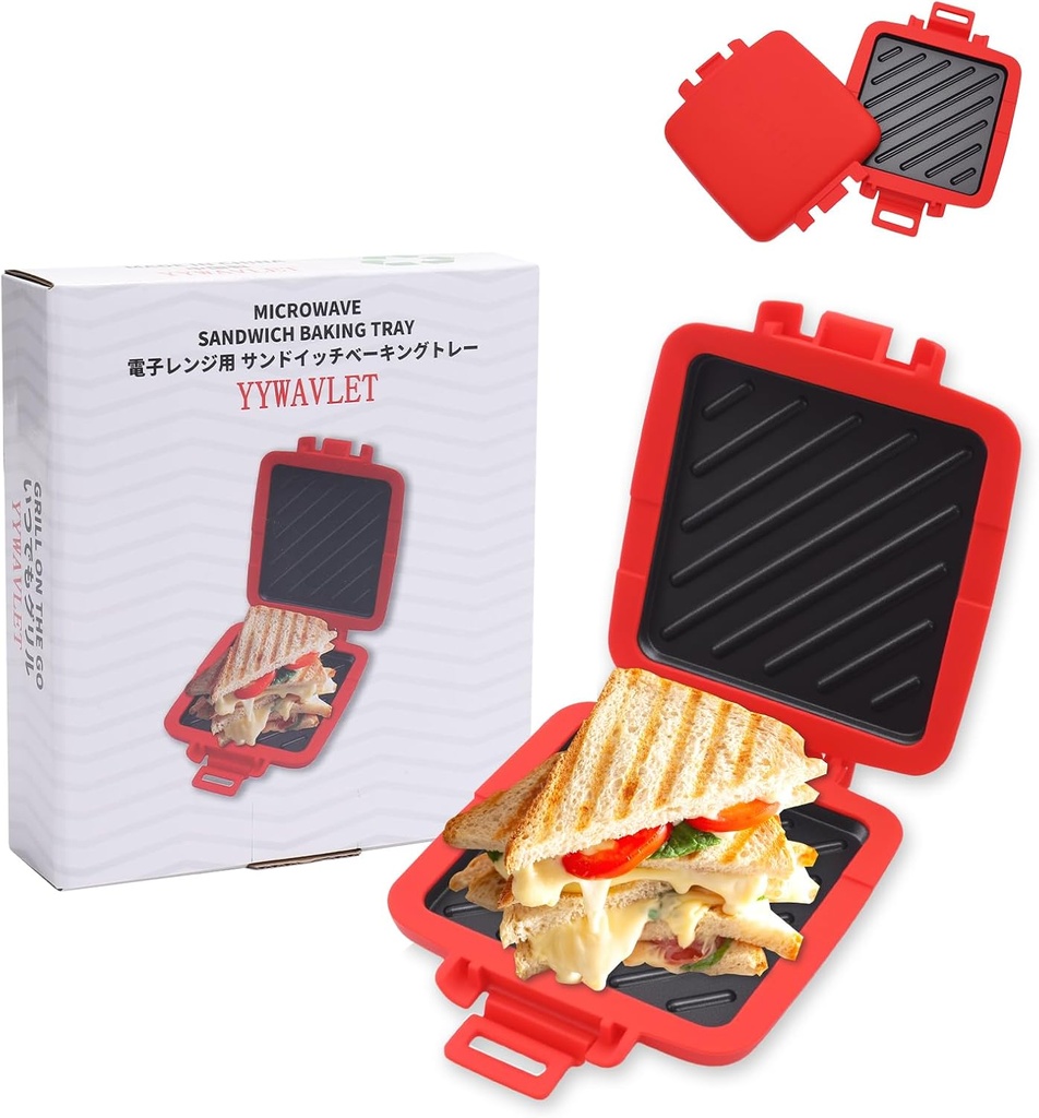 YYWAVLET Microwave Sandwich Maker, Heat-Resistant Silicone Rubber Shell, Advanced HeatWave Technology, Non-Stick Plates, Easy to Clean, Makes Toast, Sandwiches, Paninis, Patties (Red)