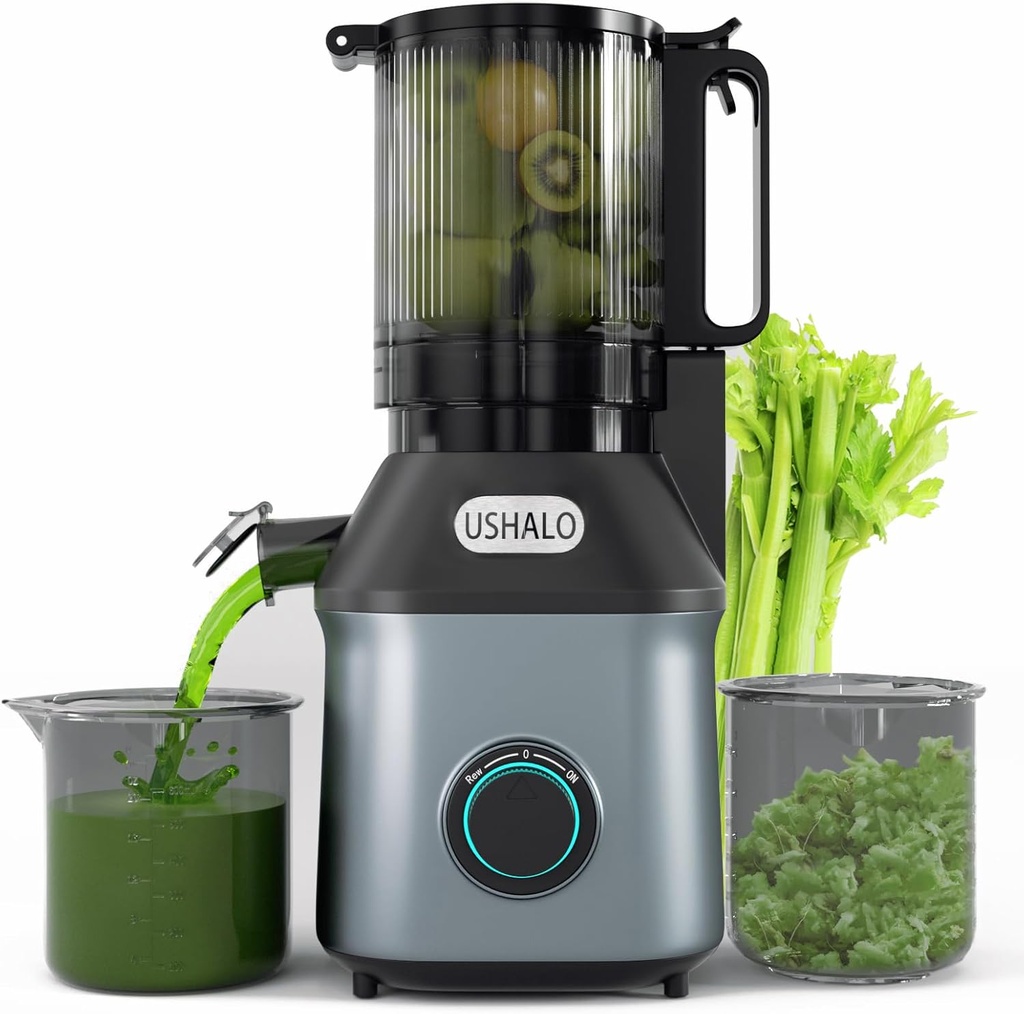 USHALO Cold Press Juicer, Juice Extractor Machine with 5.5" Extra Large Feed Chute, 300W Slow Masticating Juicer for Whole Vegetables and Fruits, 1.8L Auto-Feed Time-Saver, Easy to Clean