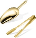 WAFJAMF Stainless Steel 7 Inch Ice Scoop and Tong Set -Gold Plated- Serving Tongs for Bar Sugar Cube Candy Flour Coffee Bean