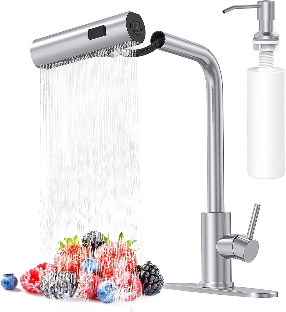 AVSIILE Brushed Nickel Kitchen Faucets with Pull Down Sprayer & Soap Dispenser, Single Hole & Handle, Pull Out Tap, Waterfall Stainless Steel Sink Faucet for Farmhouse Camper Laundry Rv Bar