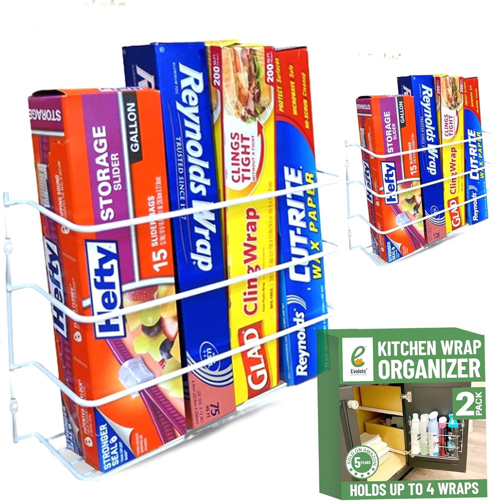 Evelots Kitchen Wrap Organizer - 2 Pack - Hold up to 4 Plastic, Foil, Paper, Wax - Cabinet Door, Wall Rack Basket - Sandwich, Freezer, Food Bag Storage - Laundry Supplies - Plastic Coated Metal