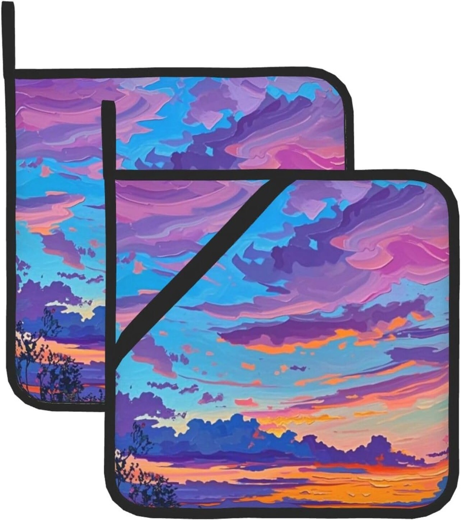 2 Pack Insulated Pot Mat, Cute Square Hot Pot Holders for Kitchen, Home Cooking, Baking (Electric Skies Print)