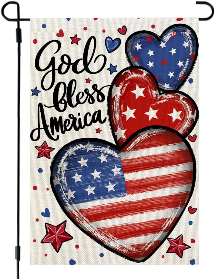 CROWNED BEAUTY 4th of July Garden Flag Patriotic Hearts Double Sided 12x18 Inches for Outside Small Burlap Independence Memorial Veterans Day Holiday Yard Decoration CF1815-12