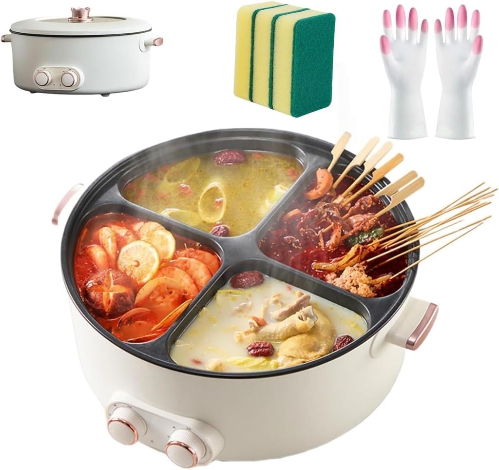 Four Grid Multifunctional Stew Pot, Electric Pot 4 Compartment Divider Cooker, 6L Large Capacity, One Pot with 4 Flavors, 4-Flavor Chinese Shabu Shabu Pot for Home Party