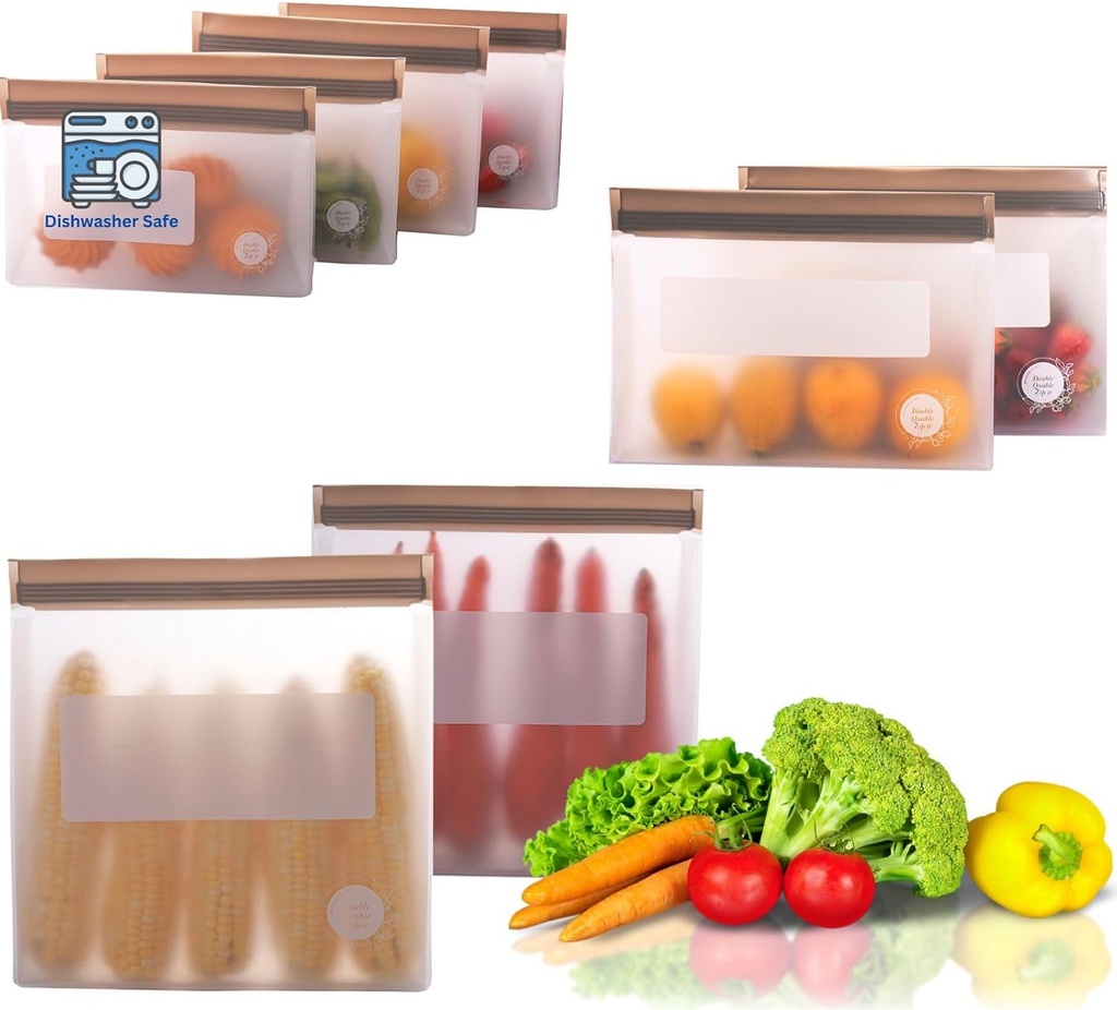 Reusable Food Storage Bags 8-Pack – BPA-Free Freezer & Dishwasher Safe, Leakproof Stand-Up Snack Bags 2 Gl + 2 L, 4 M– Eco-Friendly Airtight Ziplock Bags for Kitchen & Travel(Grey)