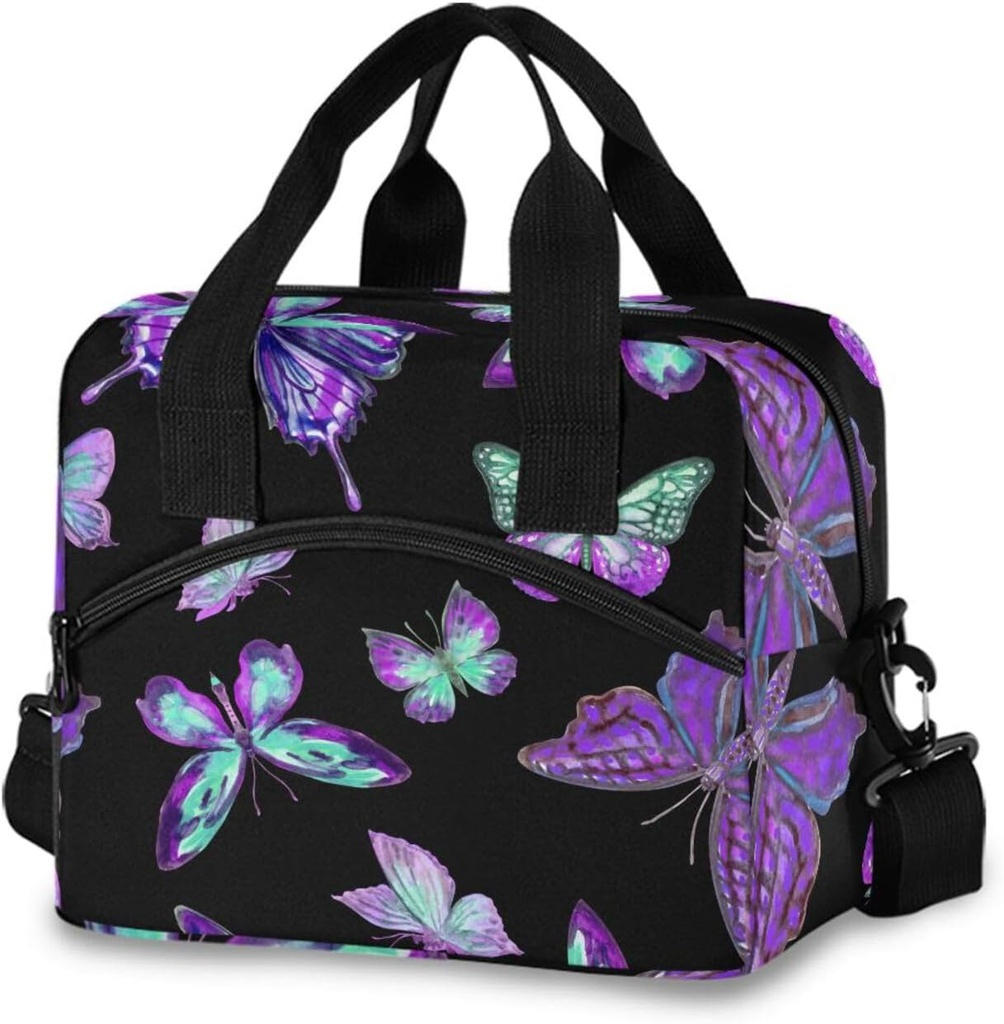 Purple Butterfly Animal Insulated Lunch Bag Reusable Lunch Tote Bag Lunch Box for Women Men Adult Cooler Bag with Adjustable Shoulder Strap Leakproof for Work School Picnic