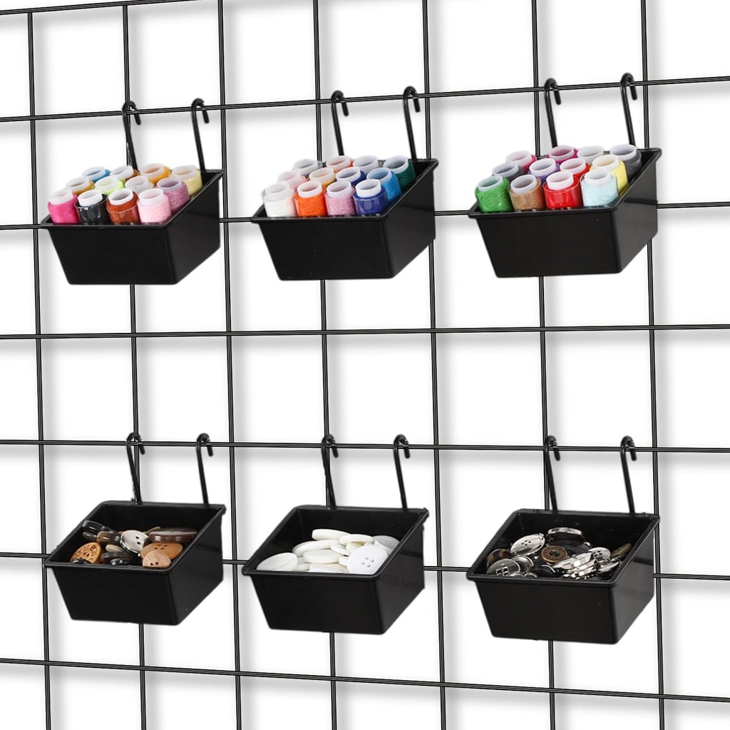 6 Pcs Grid Wall Storage Bin with Hooks, Square Box Shape Hanging Baskets, 3.5 x 2.5 x 1.8 Inch Pegboard Cups for Garage, Kitchen, Office, Craft Room Durable Space Saving Organizer