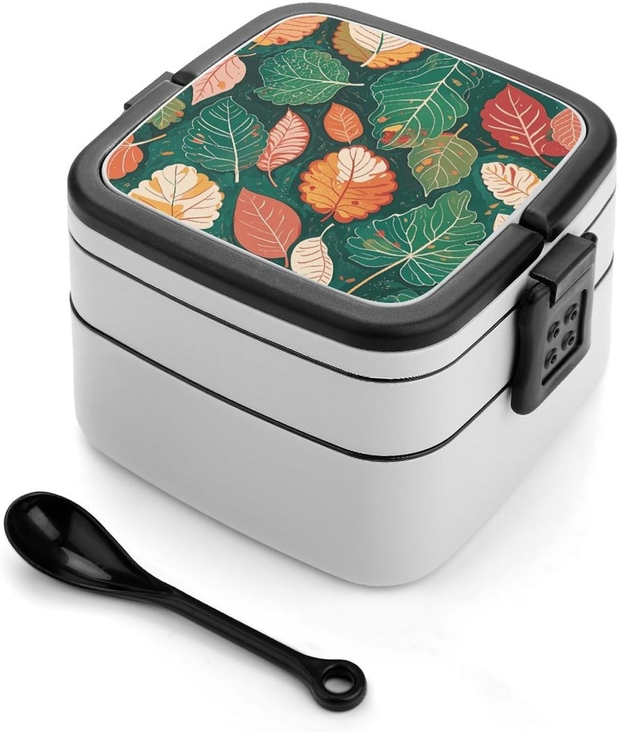TGHKSLBSD Double Layer Bento Box for Adults Leaf Print Stackable Bento Box Removable Lunch Boxes for Dining Out,Work