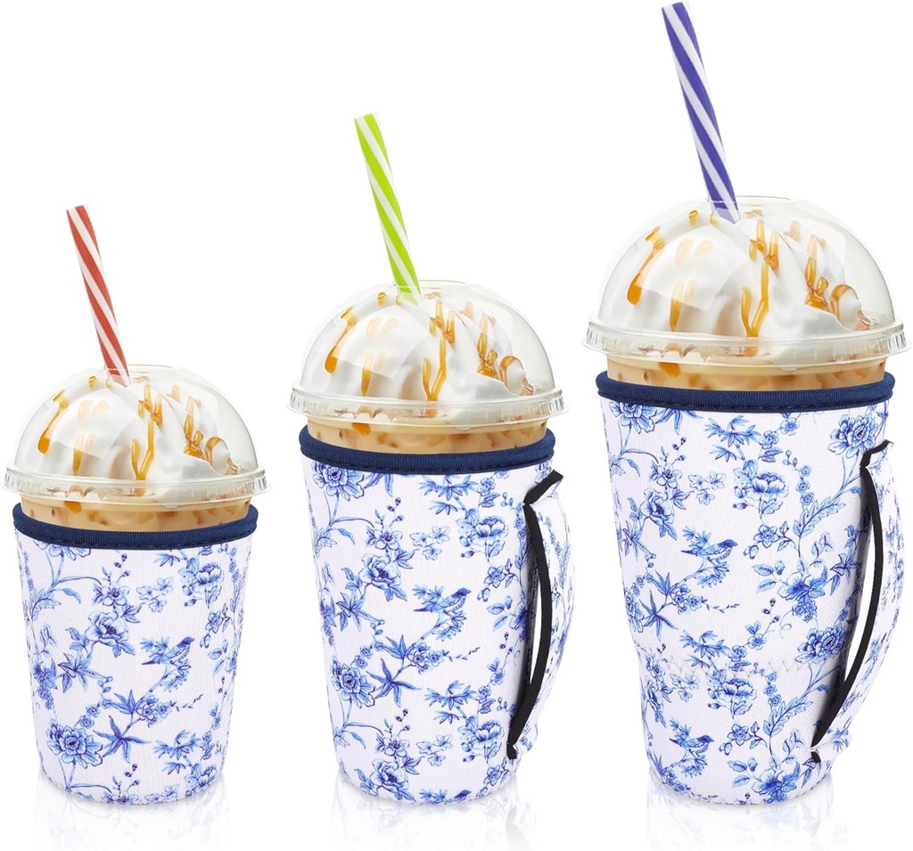 AJLTPA Iced Coffee Sleeve Insulator Sleeves for Cold Drinks Beverages, 3 Pack Reusable Neoprene Cup Sleeve with Handle for 16-32oz Coffee cups(Abstract Floral China)