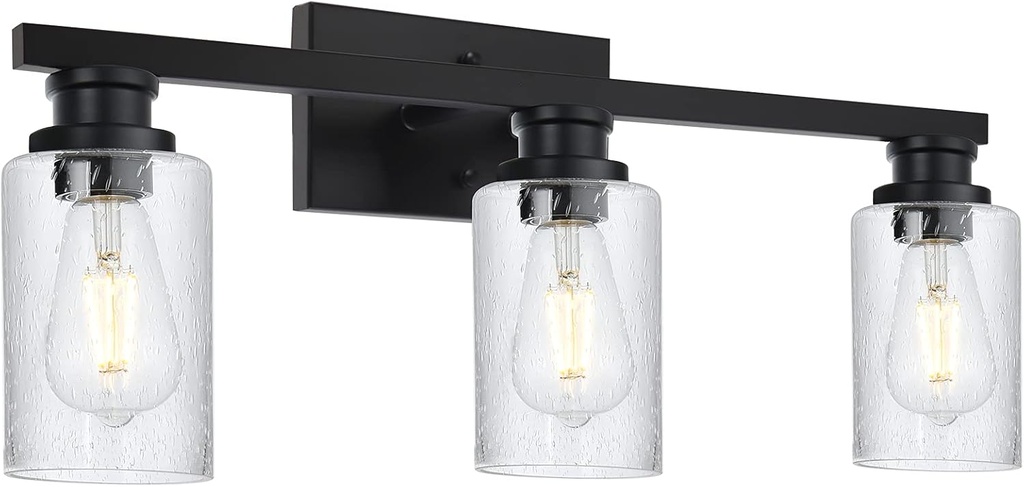 VINLUZ 3 Light Bathroom Light in Black Finish,Rustic Farmhouse Wall Mount Vanity Lighting Over Mirror with Seedy Glass Shade Industrial Wall Sconces Lamp