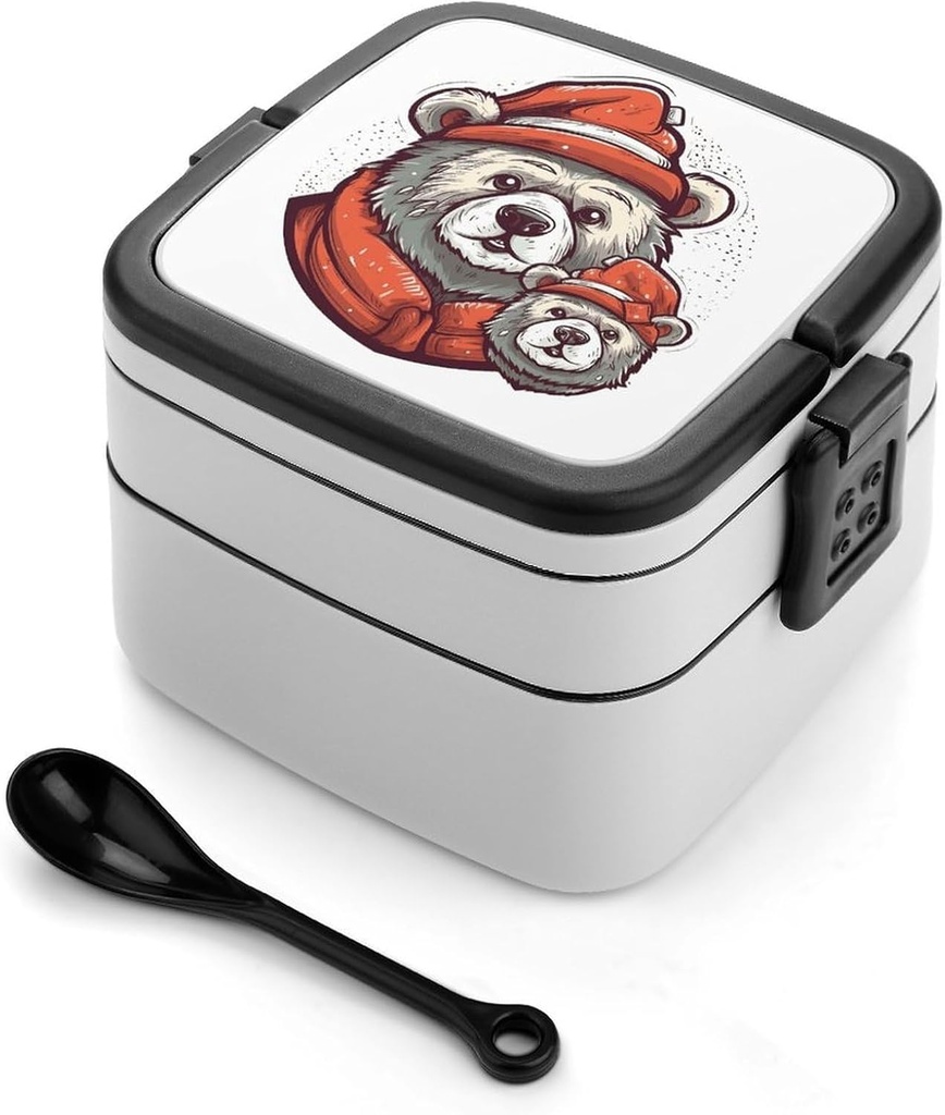 BTCOWZRV Bear Avatar Bento Box with Compartments Double Layer Bento Lunch Box with Spoon And Handle All-in-One Adult Lunchbox Leakproof Lunch Container for Work Picnic Travel