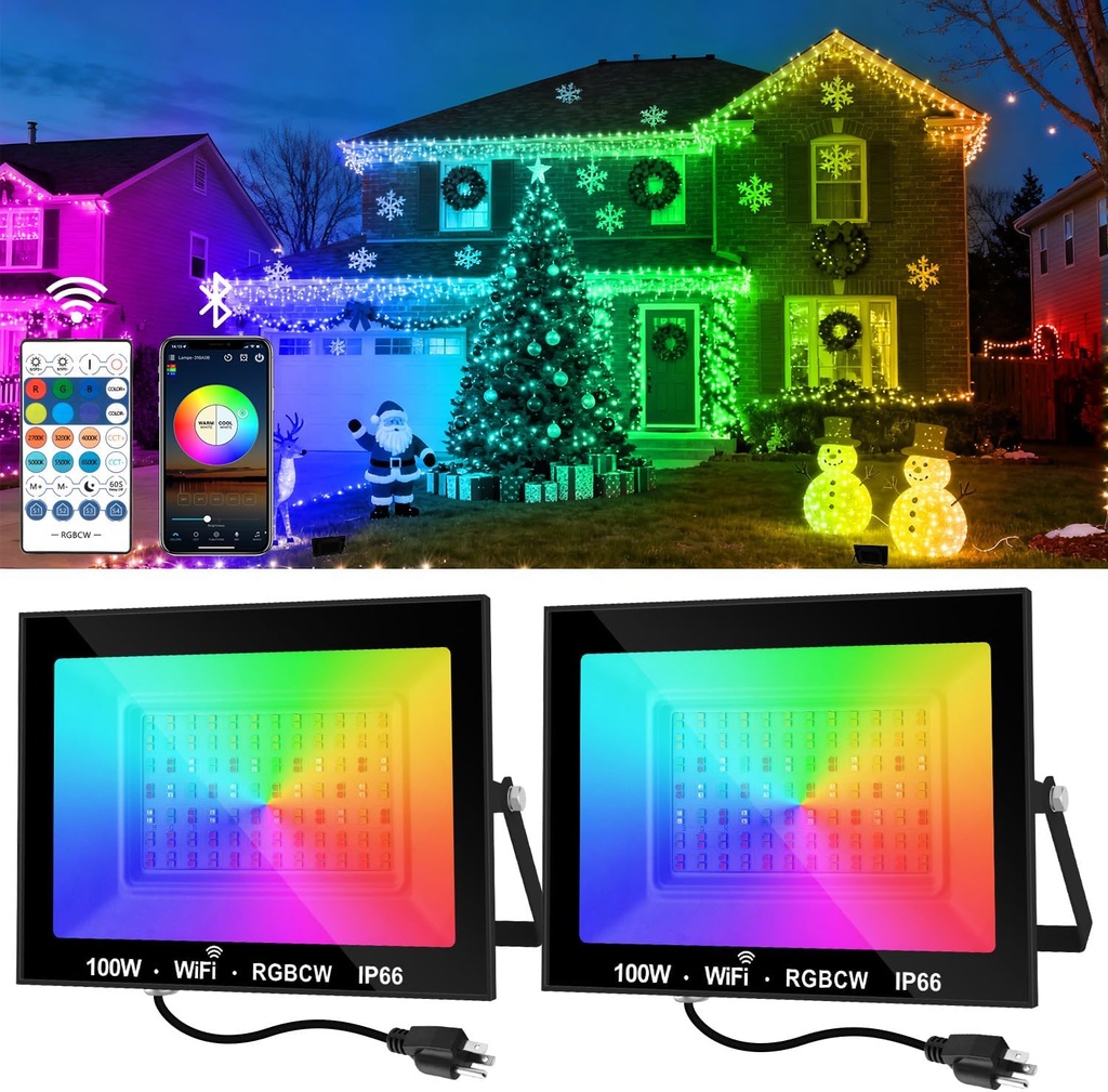 CREPOW RGB LED Flood Light Outdoor 1000W Equivalent, 100W Bluetooth RGBCW Smart Floodlights 2700K, 16 Million Color Changing, Timing, Music Sync, IP66 Waterproof Landscape Light with US Plug (2 Pack)