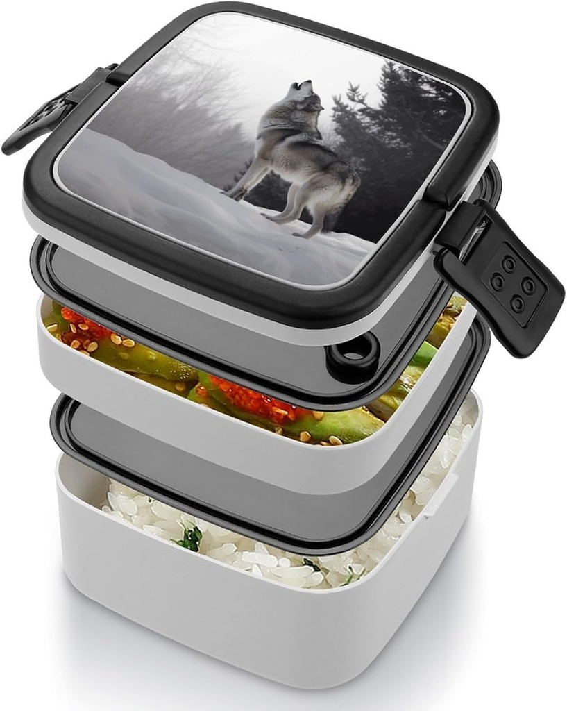 WEIHAKO Bento Box Adult Lunch Box Lunchable Food Container with Utensil Howling Wolf Lunchbox Leak-Proof Lunch Containers Double Layer Bento Box for Dining Out Work Picnics Travel