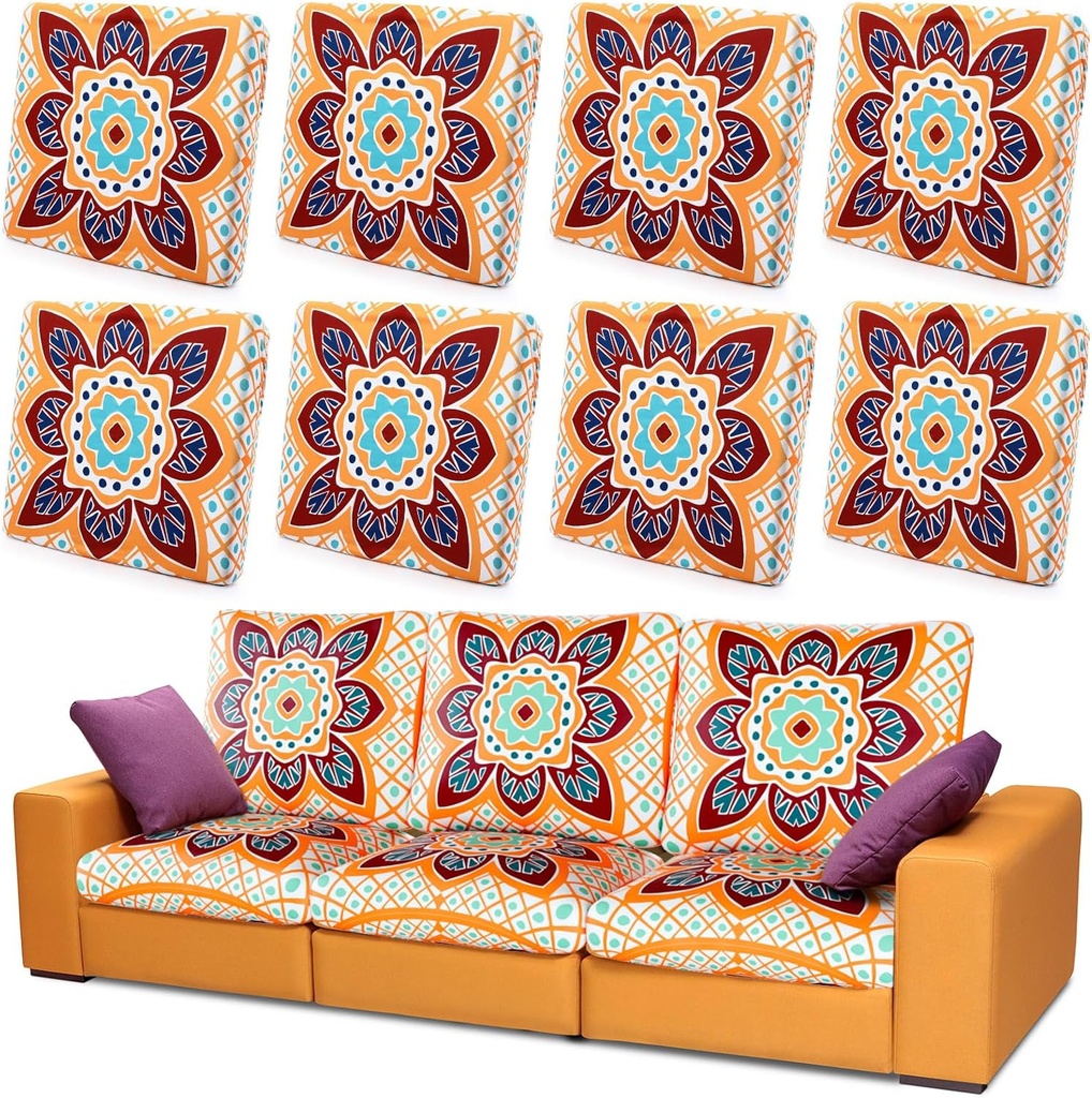 Hahafelt 8 Pcs Stretch Patio Cushion Covers Outdoor Sofa Cushion Covers Replacement Printed Bohemian Floral Sofa Seat Covers Soft Couch Covers with Elastic Bottom