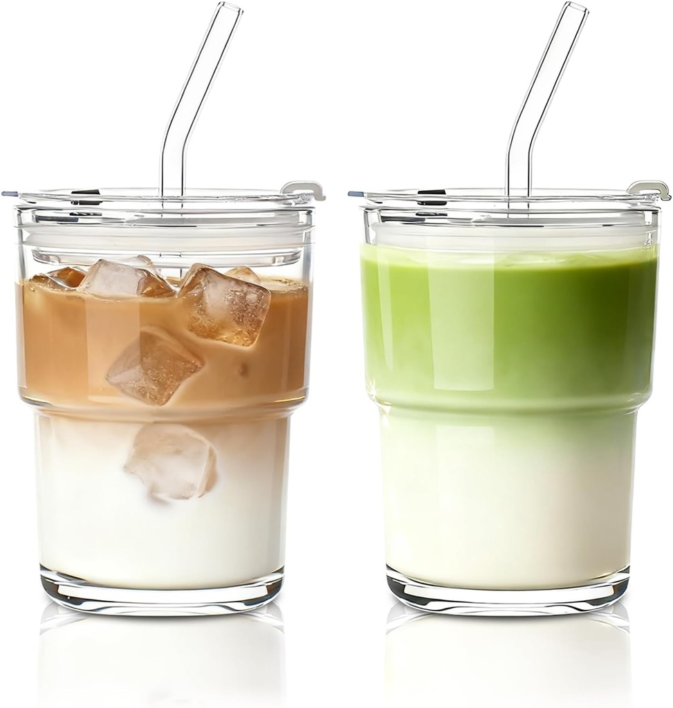 INSETLAN 13oz Portable Glass Tumblers Set of 2, Thick Wall Glass Cups with Lid and Glass Straw, On-the-Go Coffee Cups for Iced Coffee, Tea, Milk, Hot & Cold Drinks, Travel & Daily Use