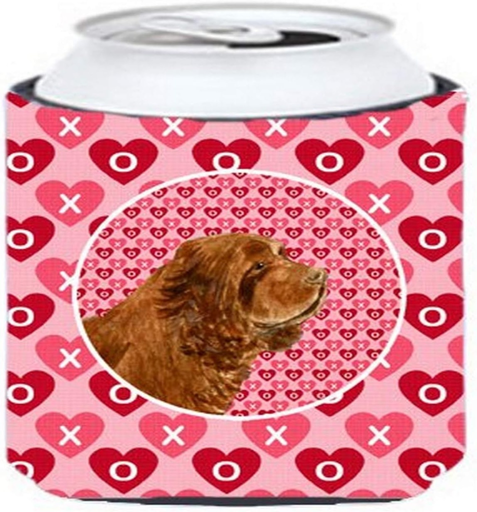 Caroline's Treasures SS4510CC Sussex Spaniel Hearts Love Valentine's Day Can or Bottle Hugger Cooler Washable Drink Sleeve Collapsible Beverage Insulated Holder, Can Hugger, Multicolor