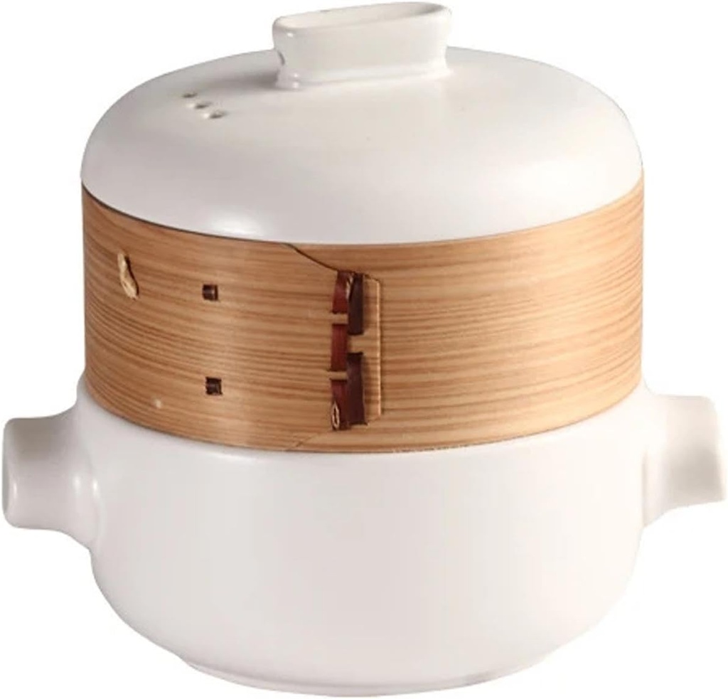RSBFER Japanese Style Ceramic Casserole Clay Pot with Steamer Basket, Soup Stew Pot Cooking Clay Stew Pan - Non-Stick, Heat Resistant, White, 1.5L