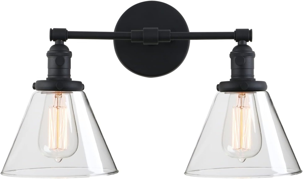 Phansthy 2-Light Industrial Wall Light Black Wall Sconce Light Fixture with Dual 7.3 Inches Cone Clear Glass Canopy(Black)