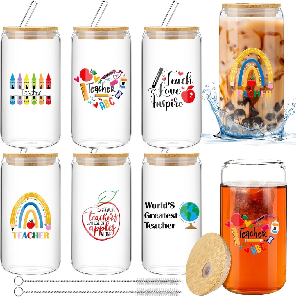 Maxcheck 6 Sets Teacher Appreciation Gifts for Women Men 16 oz Glass Coffee Cups with Lid and Straw Cleaning Brush Thank You End of Year Gifts for Teachers from Students