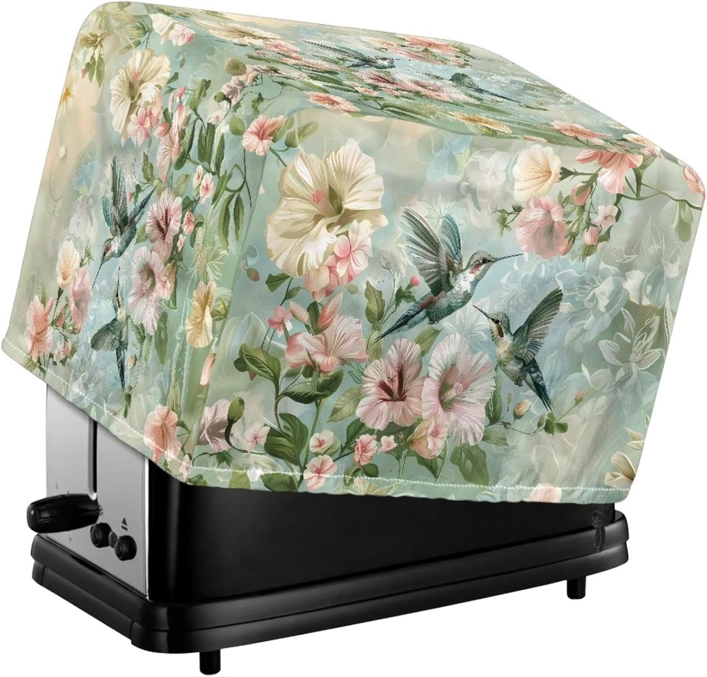 SAJJWHHR Blooming Flowers Print Toaster Cover 2 Slice Green, Hummingbird Pattern Waterproof Bread Maker Dustproof Protection, Washable Adjustable Bread Machine Cover