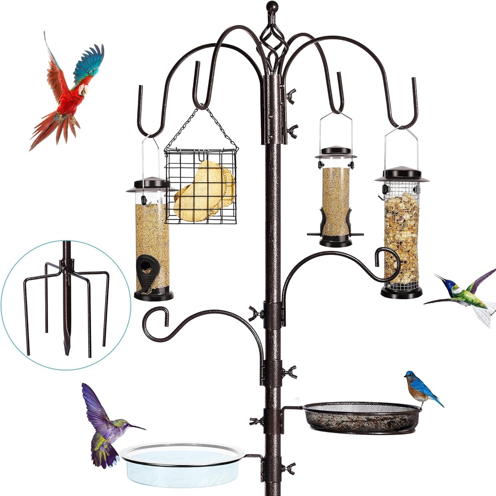 YINGYM 6-Hook Bird Feeding Station Kit, Wild Bird Feeder Stand Pole, Multi-Feeder Kit Stand with 4 Feeders, Bird Bath and Mesh Tray, 94 Inch