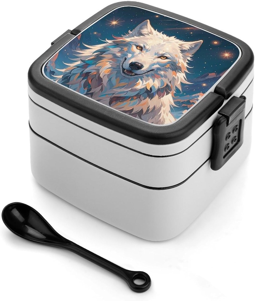 QWJKM Bento Box Stackable 2 Layers Containers Adult Lunch Box White Wolf Under The Starry Sky Lunchbox for Women Men All-in-One Meal Prep Containers Leakproof Lunch Containers for Work