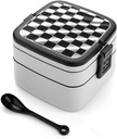 NWGHM Bento Box Stackable Lunch Box with 2 Compartments Leak-Proof Food Storage Containers Black White Race Checkered Flag Bento Lunch Box for Adults Lunch Containers with Utensil Set