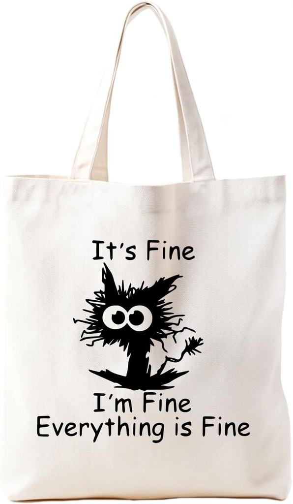 Zeghk Funny Black Cat Canvas Tote Bag Aesthetic for Women, Cat Christmas Gifts, Cute tote bag, It's Fine I'm Fine Everything, Cat Gift, Black Cat Gifts for Women, Shopping Bag