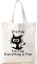 Zeghk Funny Black Cat Canvas Tote Bag Aesthetic for Women, Cat Christmas Gifts, Cute tote bag, It's Fine I'm Fine Everything, Cat Gift, Black Cat Gifts for Women, Shopping Bag
