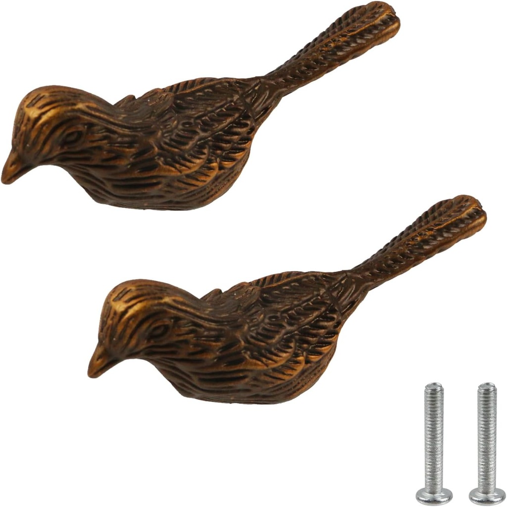 MY MIRONEY 2PCS Bird Shape Knobs Bronze Tone Drawer Knobs Hardware Decorative Bird Knob Zinc Alloy Cupboard Dresser Handles Kitchen Cabinet Knob with Screws