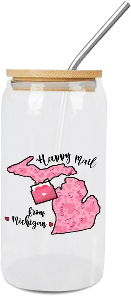 JuneLucky Valentine's Day Glass Cups with Bamboo Lids And Straw 16 Oz, Happy from Michigan Iced Tea Glasses Drinking Glasses Set Tumbler Glass Can Coffee Cups, Drinking Glassware