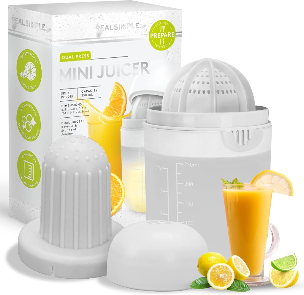Real Simple Dual Press Manual Citrus Mini Juicer | Portable Handheld Citrus Juicer For Any Sized Citrus | Food Safe Measuring Cup Juice Container | 300 ml, White