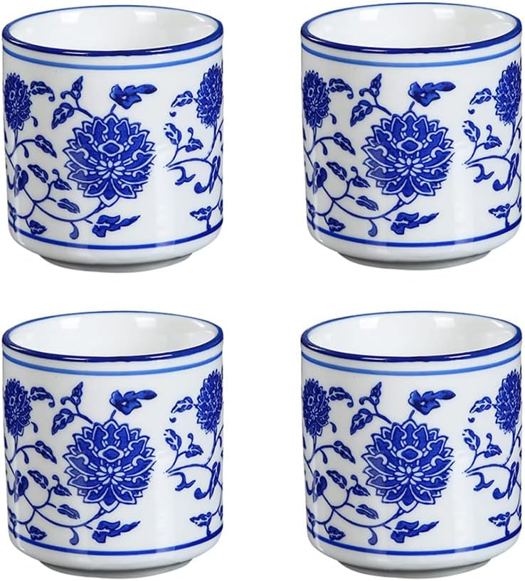 123Arts Blue and White Ceramic Wine Cups, Sake Cups Set, Tea Cups, Set of 4