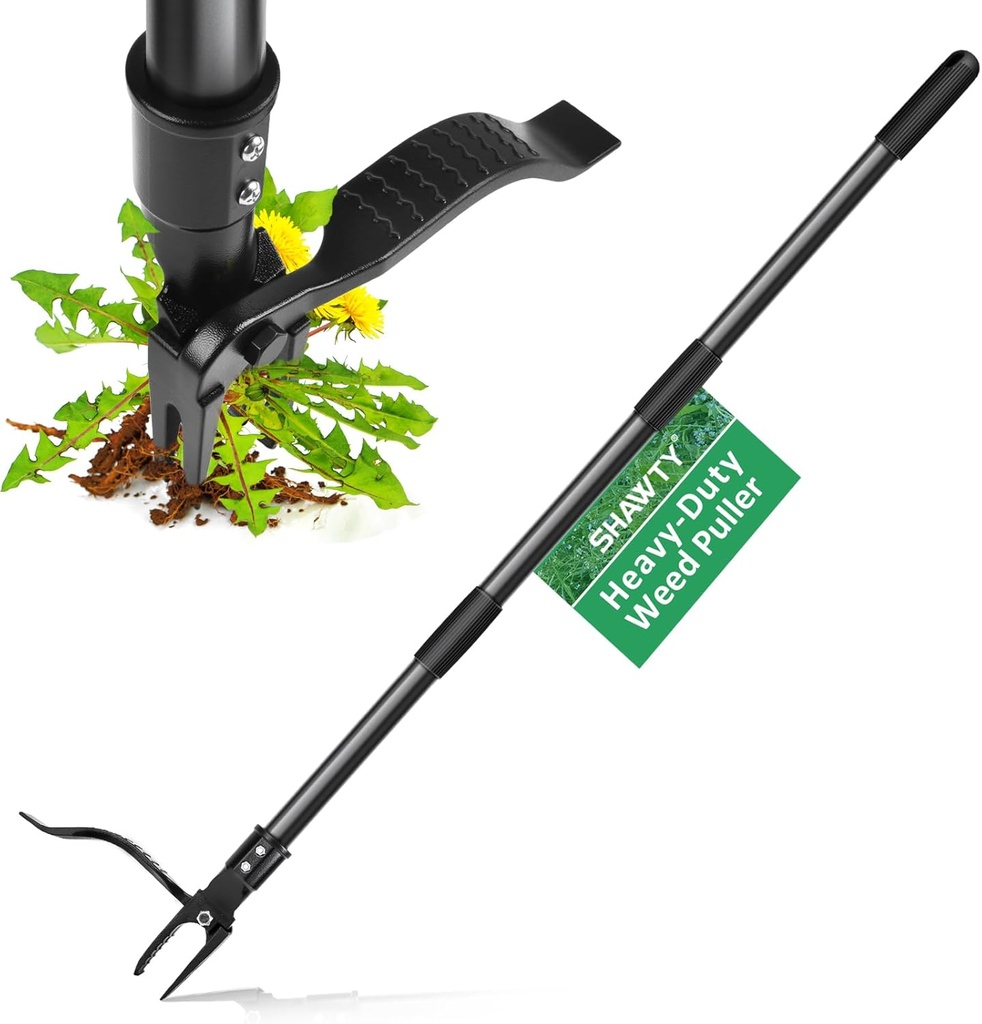 SHAWTY Stand-Up Weeder Tool, 46-Inch Handle, 4-Claw Steel Design, Black