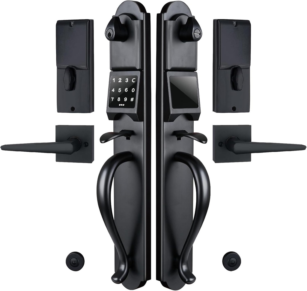 NEWBANG Left-Handed Matte Black Electronic Smart Handleset with Keypad Lock for Double Front Door（Keys Reserved）,MDHST2018DB-E-SET-LH