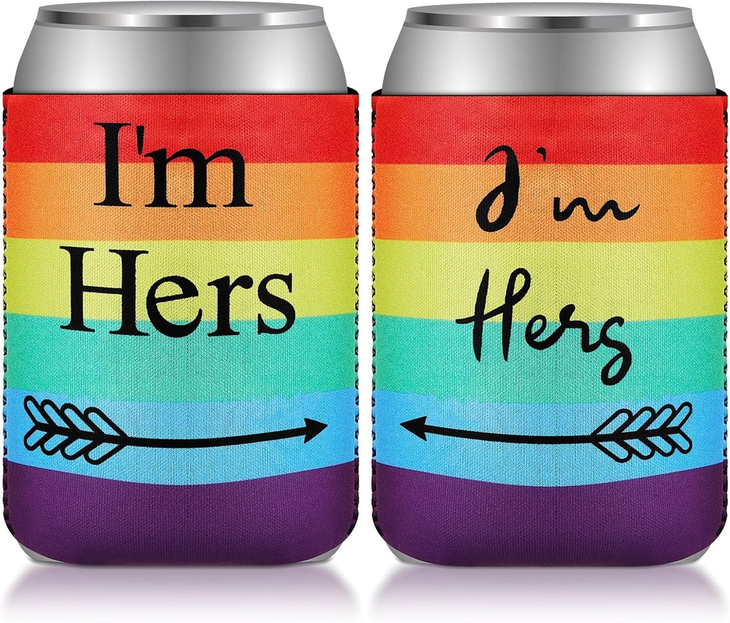 3 Pcs Lesbian Engagement Gift Lesbian Couple Wedding Present Idea Rainbow Neoprene Can Coolers Sleeves with Pink Velvet Bags for Gay LGBT Wedding Bachelorette Engagement Party Decorations