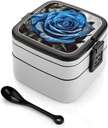 Blue Rose Bento Box with Compartments Double Layer Bento Lunch Box with Spoon And Handle All-in-One Adult Lunchbox Leakproof Lunch Container for Work Picnic Travel