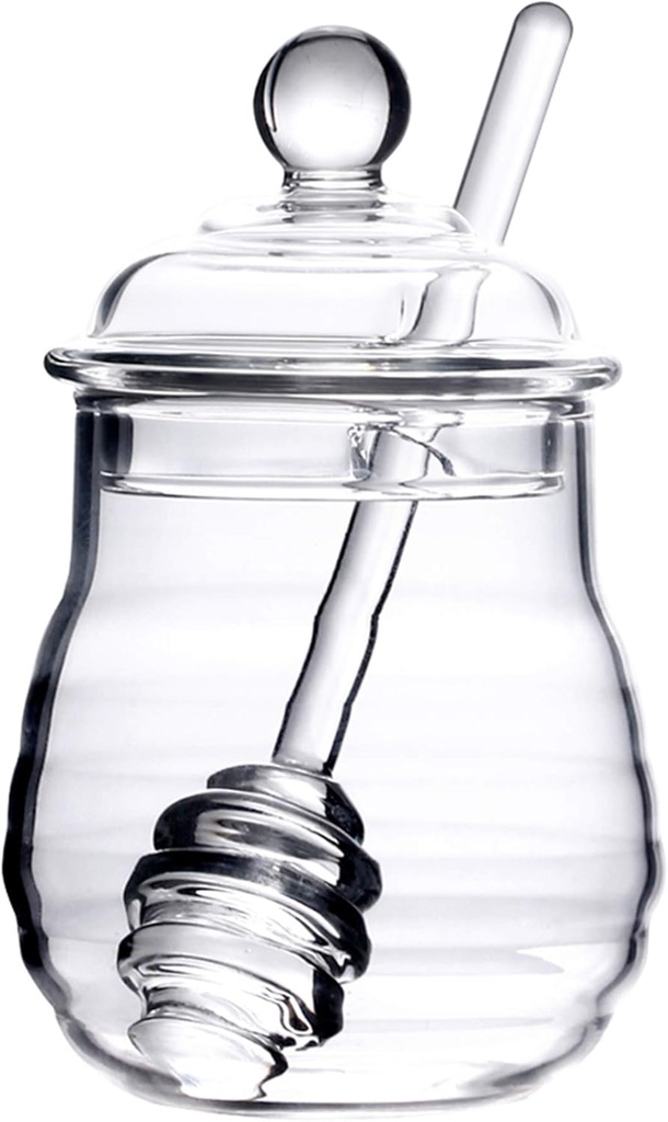Lawei Glass Honey Jar with Dipper and Lid, 10 OZ Heat-Resistant Bee Hives Honey Pot, Clear Glass Honey Container for Store Honey and Syrup, Home and Kitchen, Easy to Clean, Dishwasher Safe